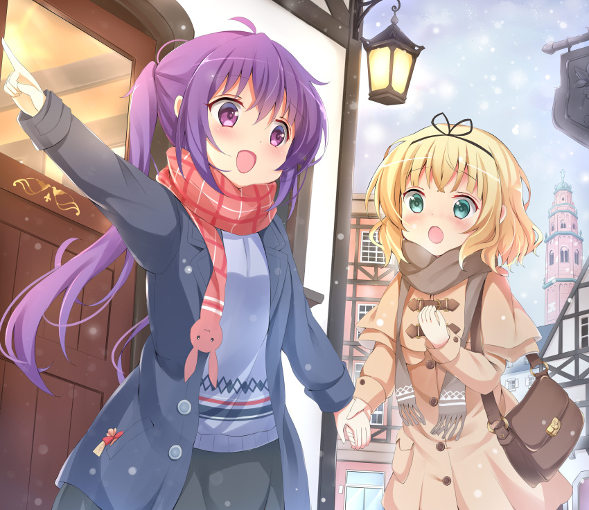 2girls :d absurdres bag black_jacket black_skirt blonde_hair blue_sky blue_sweater blush brown_capelet brown_coat brown_scarf building capelet coat commentary_request day fringe_trim gochuumon_wa_usagi_desu_ka? green_eyes highres holding_hands jacket kirima_sharo lantern long_hair long_sleeves multiple_girls open_clothes open_jacket outdoors outstretched_arm pink_scarf pointing purple_hair scarf shoulder_bag skirt sky sleeves_past_wrists smile snowing stick_jitb sweater tedeza_rize tower twintails very_long_hair violet_eyes window