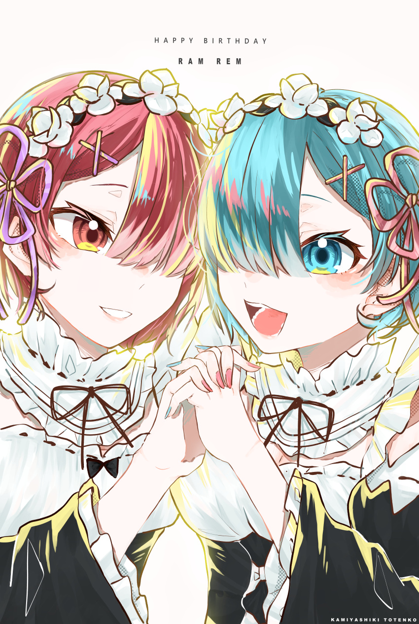 2girls absurdres apron bangs black_dress black_sleeves blue_eyes blue_hair blue_ribbon blush breasts broken_horn chains cleavage detached_sleeves dress eyebrows_visible_through_hair frills hair_ornament hair_over_one_eye hair_ribbon hand_holding highres horn looking_at_viewer medium_breasts multiple_girls open_mouth pink_hair pink_ribbon ram_(re:zero) re:zero_kara_hajimeru_isekai_seikatsu red_eyes red_ribbon rem_(re:zero) ribbon saikoshin_3753 short_hair siblings sisters smile twins weapon white_apron x_hair_ornament