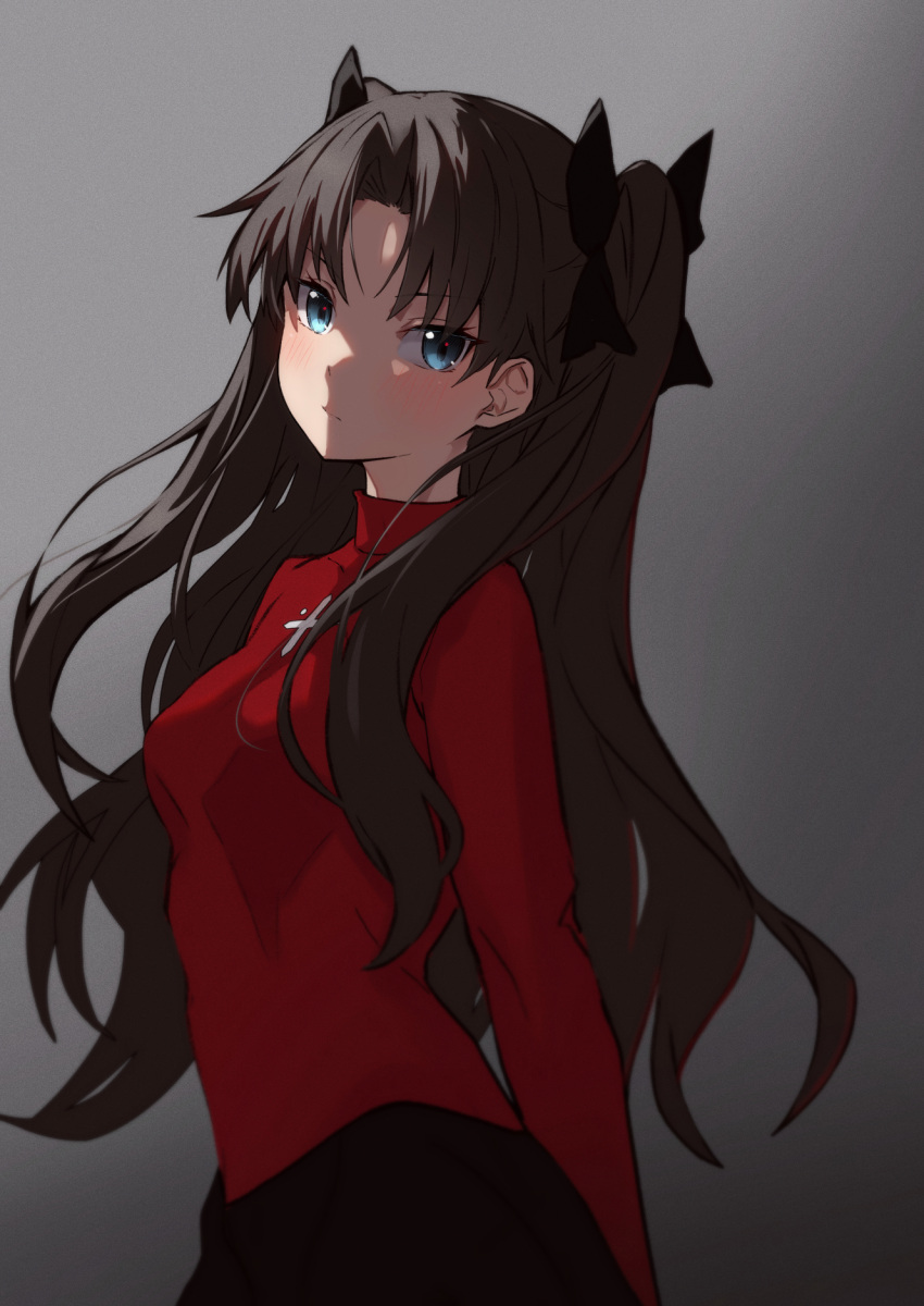 1girl black_skirt blue_eyes blush breasts brown_hair closed_mouth fate/stay_night fate_(series) gradient gradient_background grey_background highres long_hair long_sleeves looking_at_viewer medium_breasts red_sweater skirt solo sweater takanashi_kei_(hitsujikan) tohsaka_rin two_side_up
