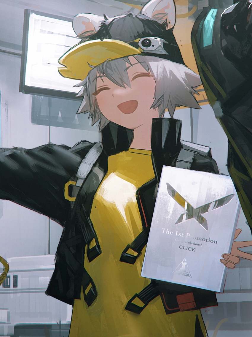 1girl absurdres animal_ears arknights click_(arknights) closed_eyes commentary_request grey_hair hat highres jacket mouse_ears mouse_girl official_art open_clothes open_jacket reoen shirt smile yellow_shirt