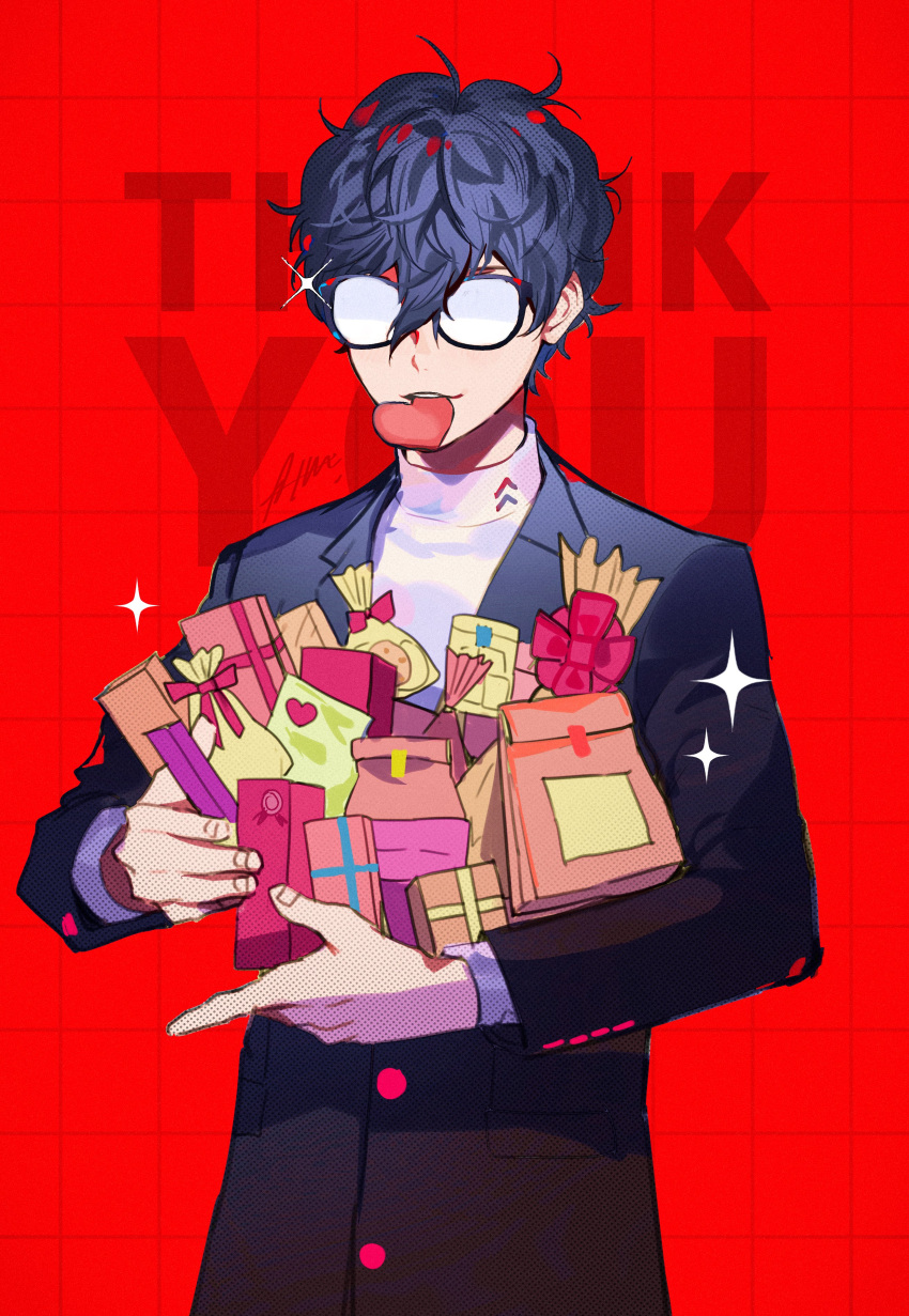 1boy absurdres amamiya_ren background_text bangs black_hair black_jacket bow box btmr_game food gift gift_box glasses hair_between_eyes heart highres holding jacket male_focus mouth_hold opaque_glasses persona persona_5 red_background school_uniform shuujin_academy_uniform signature simple_background solo sparkle symbol-shaped_pupils thank_you