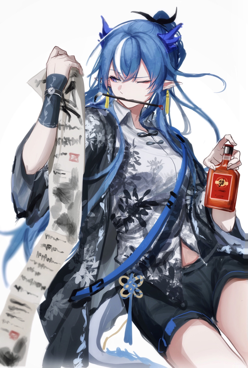 1girl absurdres alcohol alternate_costume arknights bangs black_shorts blue_eyes blue_hair bottle calligraphy_brush chinese_clothes chinese_commentary commentary_request earrings eyebrows_visible_through_hair highres holding holding_bottle jewelry leaf_print ling_(arknights) long_hair long_sleeves mouth_hold multicolored_hair one_eye_closed paintbrush pointy_ears print_shirt shirt short_shorts shorts simple_background sitting solo streaked_hair two-tone_hair very_long_hair white_background white_hair wide_sleeves zuo_daoxing