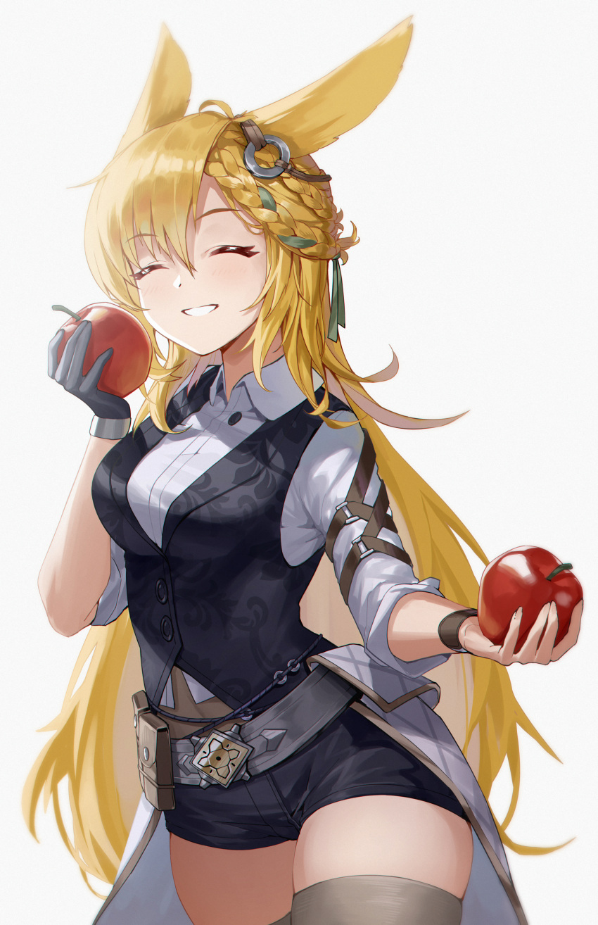 1girl :d absurdres animal_ears apple arknights bangs belt belt_pouch black_gloves black_shorts black_vest blonde_hair braid breasts brown_legwear closed_eyes collared_shirt covered_navel cowboy_shot eyebrows_visible_through_hair facing_viewer food fruit gloves green_ribbon hair_ribbon highres holding holding_food holding_fruit kroos_(arknights) kroos_the_keen_glint_(arknights) long_hair medium_breasts mo_ying_yu parted_lips pouch rabbit_ears ribbon shirt short_shorts shorts simple_background single_glove sleeves_folded_up smile solo thigh-highs very_long_hair vest waist_cape white_background white_shirt wristband