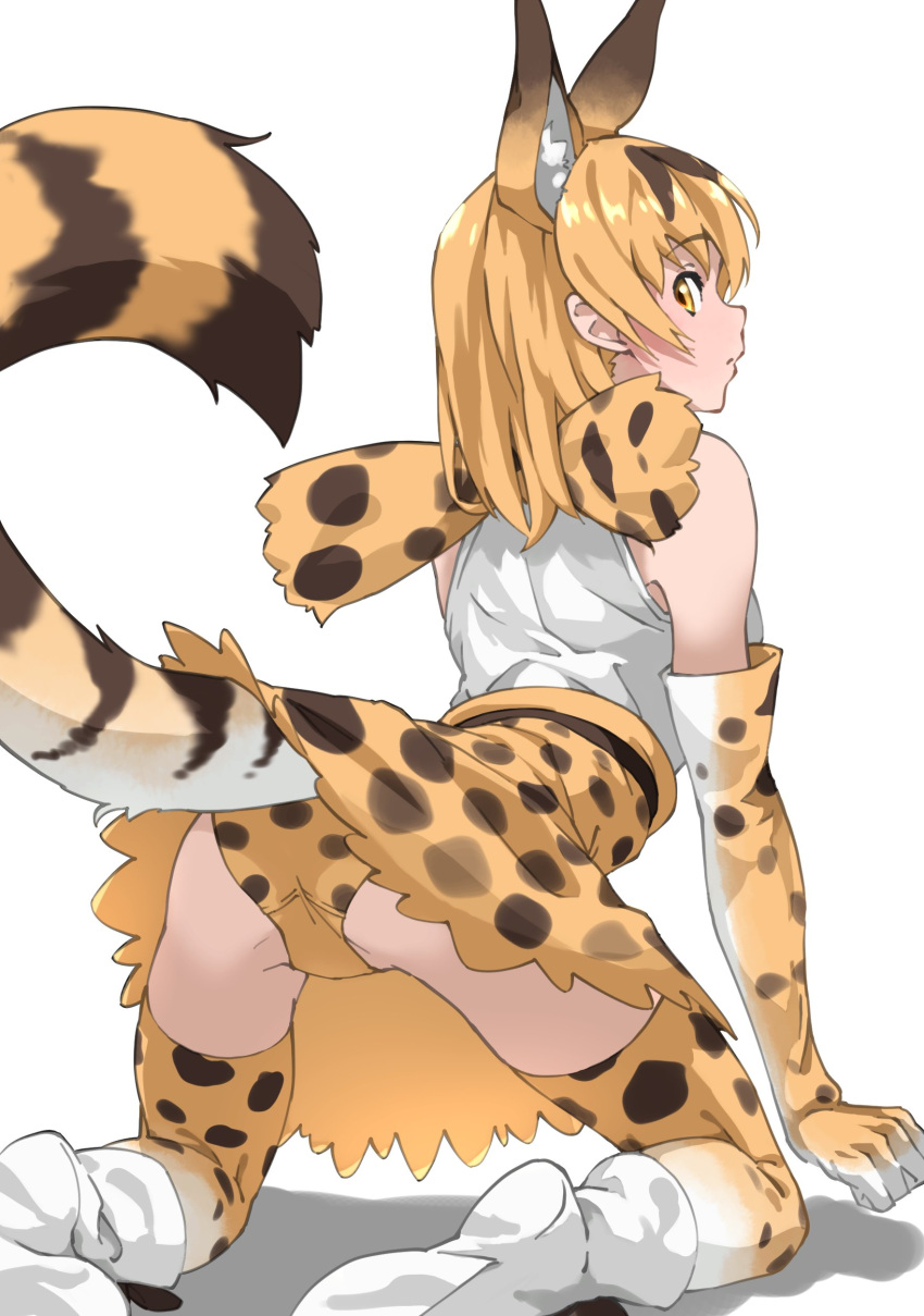 1girl absurdres animal_ear_fluff animal_ears arched_back ass bare_shoulders blonde_hair boots commentary elbow_gloves extra_ears eyebrows_visible_through_hair from_behind gloves high-waist_skirt highres kemono_friends kneeling looking_back medium_hair panties print_gloves print_legwear print_panties print_skirt serval_(kemono_friends) serval_print shirt simple_background skirt sleeveless sleeveless_shirt solo tail tanabe_(fueisei) thigh-highs underwear white_background white_footwear white_shirt yellow_eyes