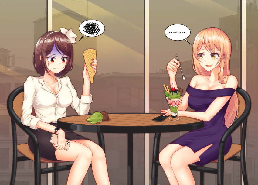 2girls absurdres alternate_costume black_skirt blonde_hair breasts brown_eyes brown_hair building candy cellphone chair chocolate chocolate_bar dress food headband highres ice_cream ice_cream_cone large_breasts leo23 long_hair maribel_hearn medium_breasts miniskirt multiple_girls no_hat no_headwear pencil_skirt phone purple_dress reflection round_table sad shirt sitting skirt smartphone smartwatch smile touhou usami_renko white_headband white_shirt yellow_eyes