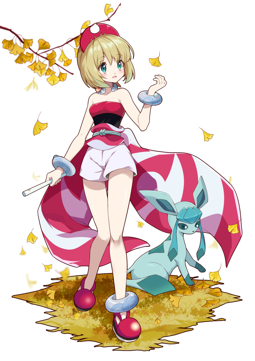 1girl absurdres anklet aqua_eyes bangs blonde_hair blush bracelet collar collarbone commentary eyebrows_visible_through_hair flute full_body glaceon hairband hand_up highres holding holding_instrument instrument irida_(pokemon) jewelry ki_(jikexiuga) knees leaf leaves_in_wind medium_hair pokemon pokemon_(creature) pokemon_(game) pokemon_legends:_arceus red_footwear red_hairband red_shirt sash shirt shoes shorts smile standing strapless strapless_shirt waist_cape white_background white_shorts