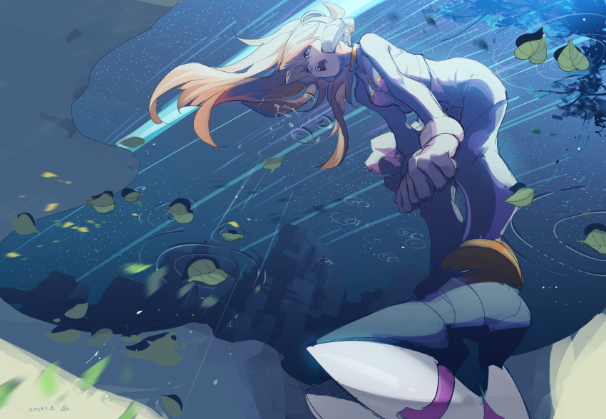 1girl blonde_hair ciel_(mega_man) crying crying_with_eyes_open highres landscape long_hair mega_man_(series) mega_man_zero night open_mouth outdoors ponytail reflection reflective_water ripples sad scenery sky standing standing_on_liquid star_(sky) starry_sky tanziya_(codlxcold) tears water white_footwear wide_shot