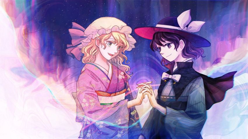2girls :d alternate_costume black_bow black_capelet black_headwear blonde_hair bow brown_eyes brown_hair capelet closed_mouth commentary crescent crescent_pin eyebrows_visible_through_hair floral_print green_eyes grey_kimono hat hat_bow hat_ribbon head_tilt high_collar highres holding_hands interlocked_fingers japanese_clothes katari kimono looking_at_another maribel_hearn medium_hair mob_cap multiple_girls night night_sky obi open_mouth purple_kimono purple_ribbon ribbon sash short_hair sky smile star_(sky) star_pin starry_sky striped striped_kimono teeth tongue touhou upper_body usami_renko wavy_hair white_bow white_headwear