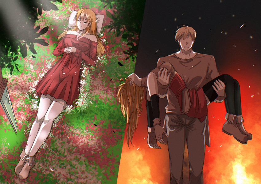1boy 1girl absurdres carrying carrying_person corpse death detached_sleeves dress faceless faceless_male fire flower funeral_dress ghhoward gloves highres jewelry leaf long_hair original pantyhose pendant pillow princess_carry skirt sword thigh-highs weapon