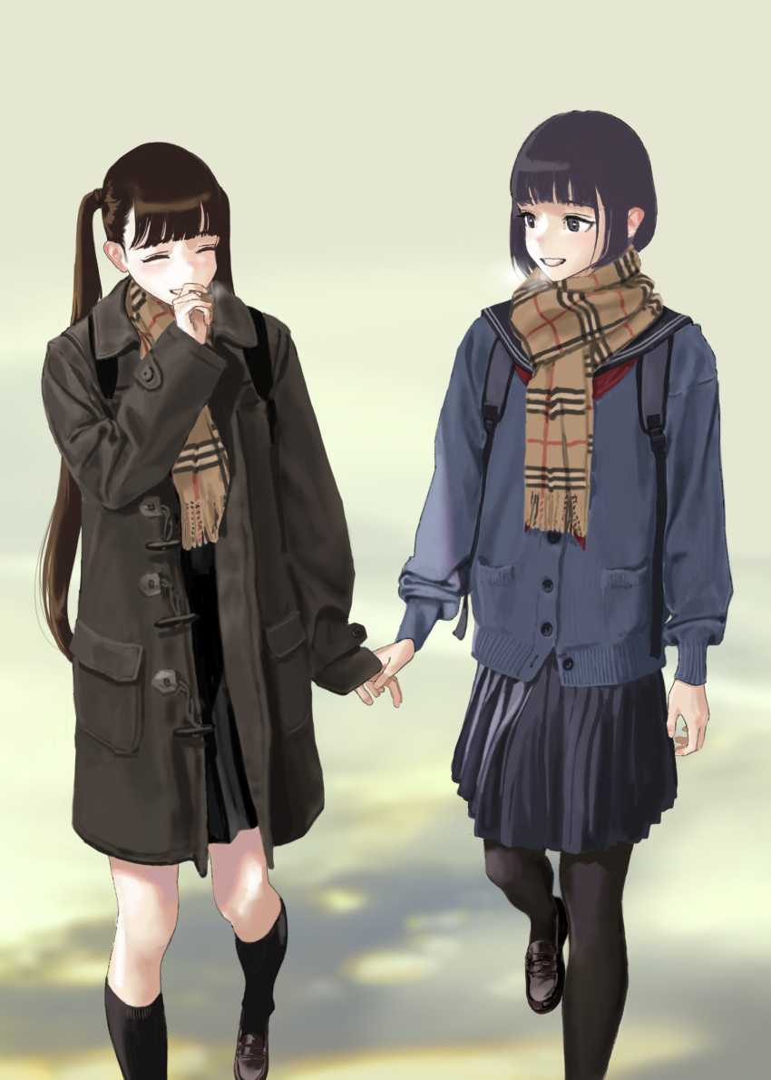 2girls absurdres bangs black_coat black_footwear black_hair black_legwear black_skirt blue_coat blunt_bangs brown_scarf closed_eyes coat commentary_request highres hiramedousa holding_hands long_hair long_sleeves mask mouth_mask multiple_girls original pantyhose plaid plaid_scarf pleated_skirt scarf shoes skirt socks twintails very_long_hair white_mask yuri