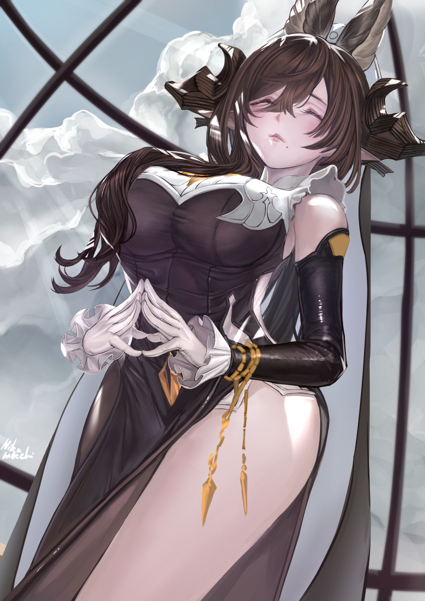 1girl absurdres animal_ears artist_name bangs black_dress blue_sky blush breasts closed_eyes closed_mouth clouds cloudy_sky commentary_request detached_sleeves dress erune galleon_(granblue_fantasy) gloves granblue_fantasy hat highres horns large_breasts lips long_hair mole mole_under_mouth nikumocchi side_slit signature simple_background sky thighs white_gloves