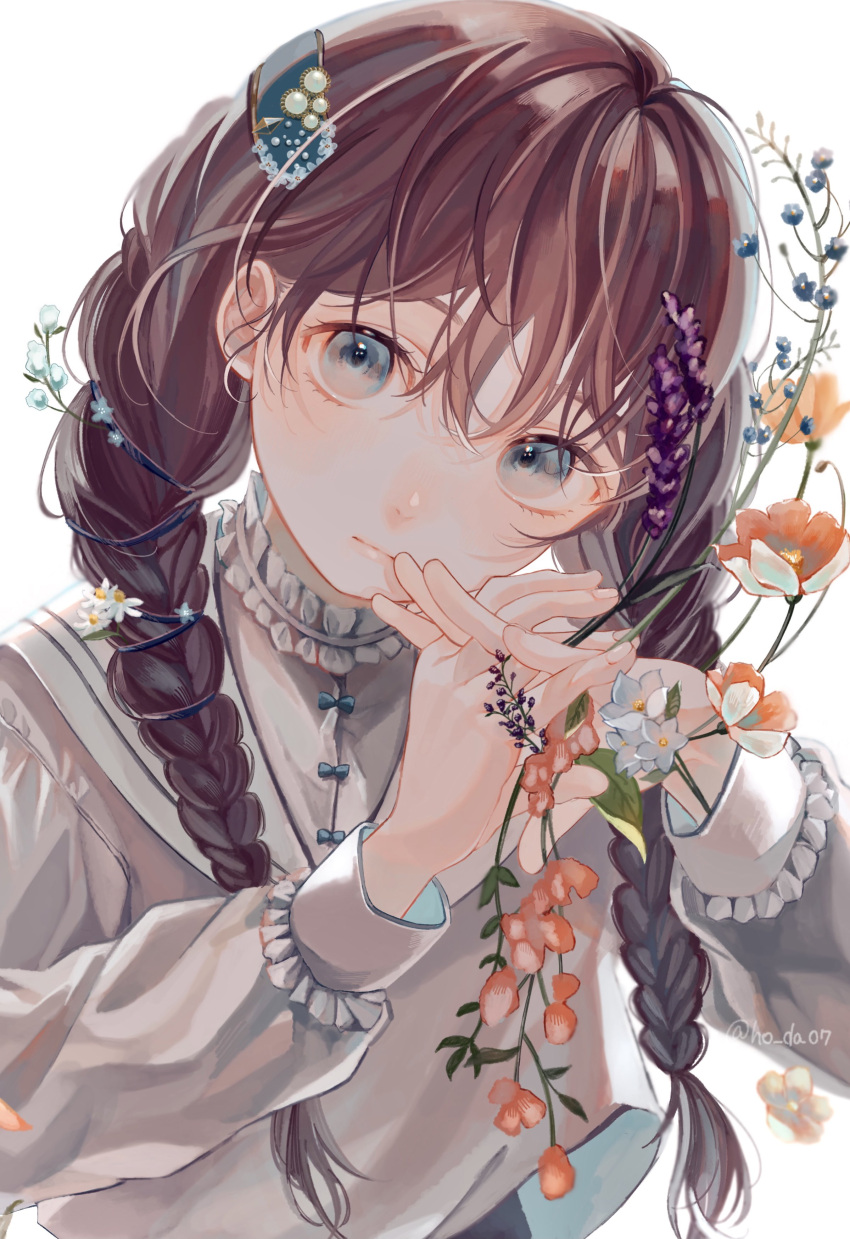 1girl absurdres blue_eyes close-up closed_mouth dress fingers_together flower highres hoda_(ho_da07) long_hair looking_at_viewer original plant redhead short_twintails twintails vines