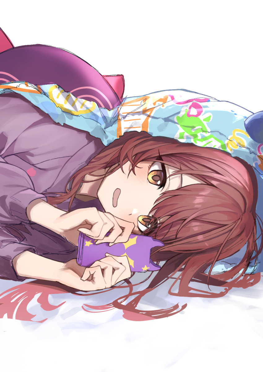 1girl brown_hair commentary_request debi_tarou haruyuki_(gffewuoutgblubh) highres holding holding_phone idolmaster idolmaster_shiny_colors long_hair long_sleeves lying on_side oosaki_tenka open_mouth phone solo upper_body white_background yellow_eyes