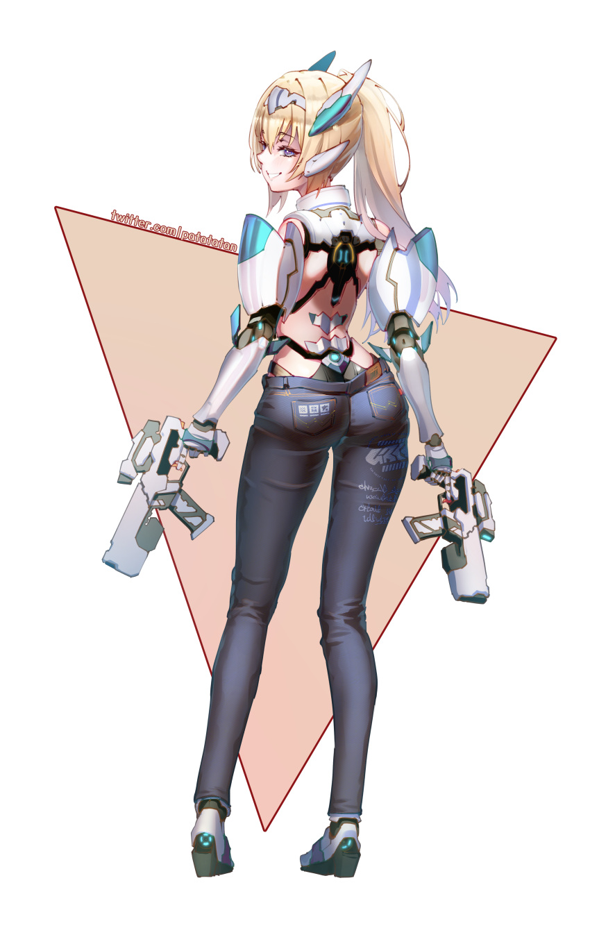 1girl absurdres alternate_hairstyle android blonde_hair blue_eyes blush denim di_allez_series doll_joints dual_wielding grin gun hairband headgear high_ponytail highres holding jeans joints long_hair pants patatatan phantasy_star phantasy_star_online_2 smile solo trigger_discipline very_long_hair weapon