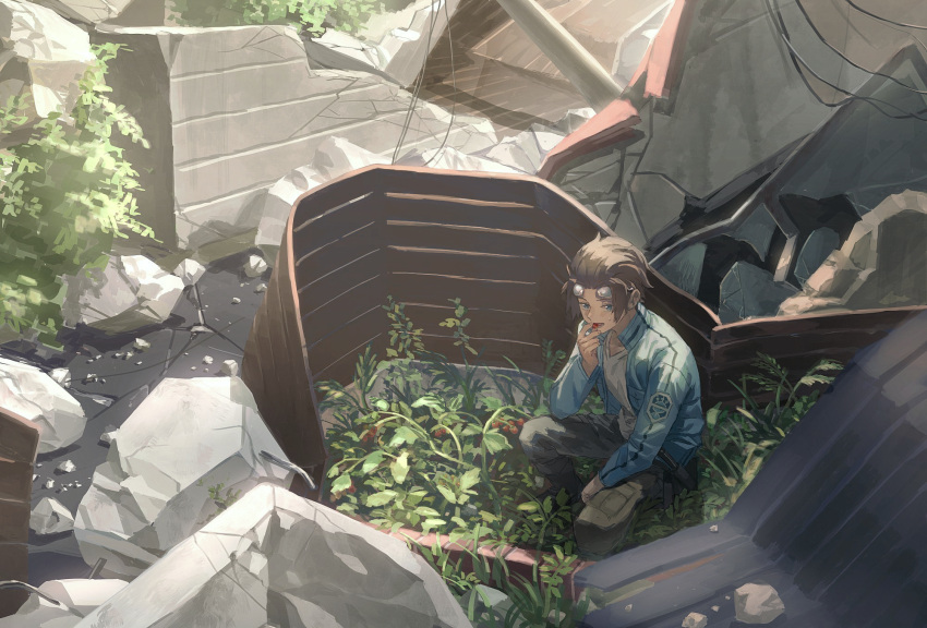 1boy :d black_pants blue_eyes blue_jacket boots brown_hair cable cracked_floor day eating eternalpillow04 food goggles goggles_on_head grass hair_slicked_back hand_up highres holding holding_food jacket jin_yuuichi long_sleeves looking_at_viewer male_focus outdoors pants plant popped_collar rubble ruins scenery shirt short_hair smile solo squatting sweatdrop t-shirt uniform v-neck weapon wide_shot world_trigger