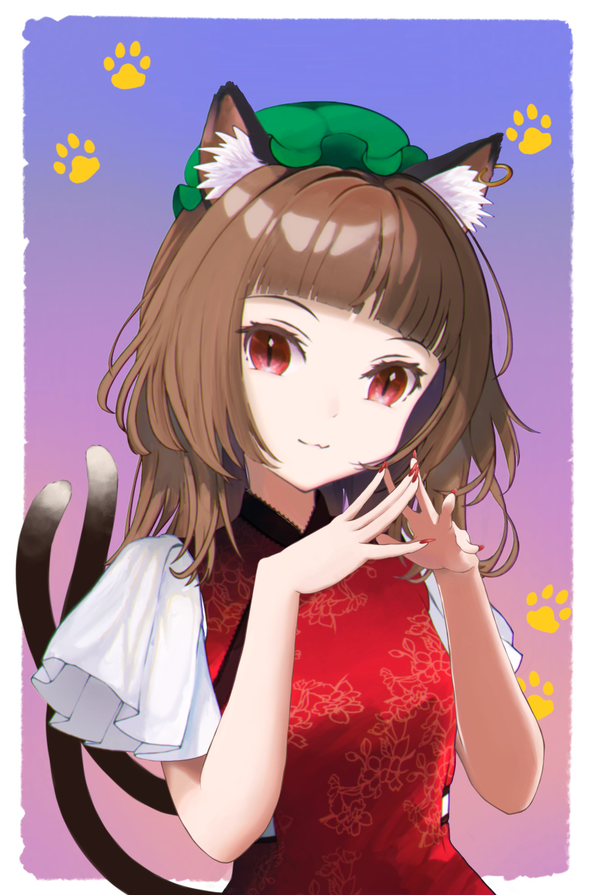 1girl :3 \||/ absurdres animal_ear_fluff animal_ears bangs blunt_bangs border breasts brown_hair cat_ears cat_tail chen closed_mouth dress earrings floral_print foul_detective_satori gradient gradient_background hands_up highres jewelry light_smile long_hair looking_at_viewer multiple_tails nail_polish nekomata outside_border red_dress red_eyes red_nails short_sleeves single_earring slit_pupils small_breasts solo steepled_fingers tail touhou tsukechi two_tails upper_body white_border