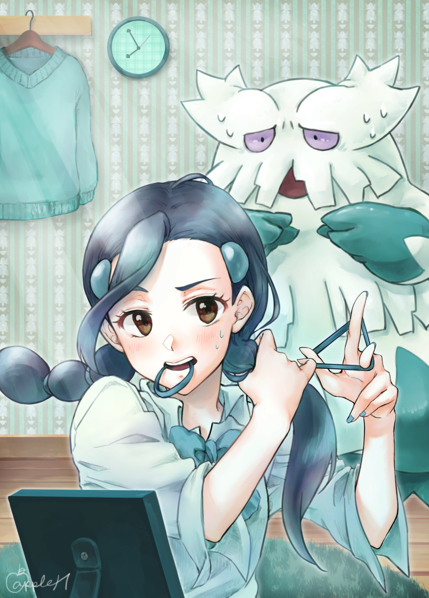 1girl abomasnow absurdres adjusting_hair black_hair blush brown_eyes candice_(pokemon) clock commentary_request eyelashes hair_ornament hair_tie_in_mouth hairclip highres indoors long_hair minatoya_ringo mouth_hold multi-tied_hair open_mouth pokemon pokemon_(creature) pokemon_(game) pokemon_dppt shirt sweat sweater sweater_removed teeth tongue twintails upper_teeth wall_clock white_shirt