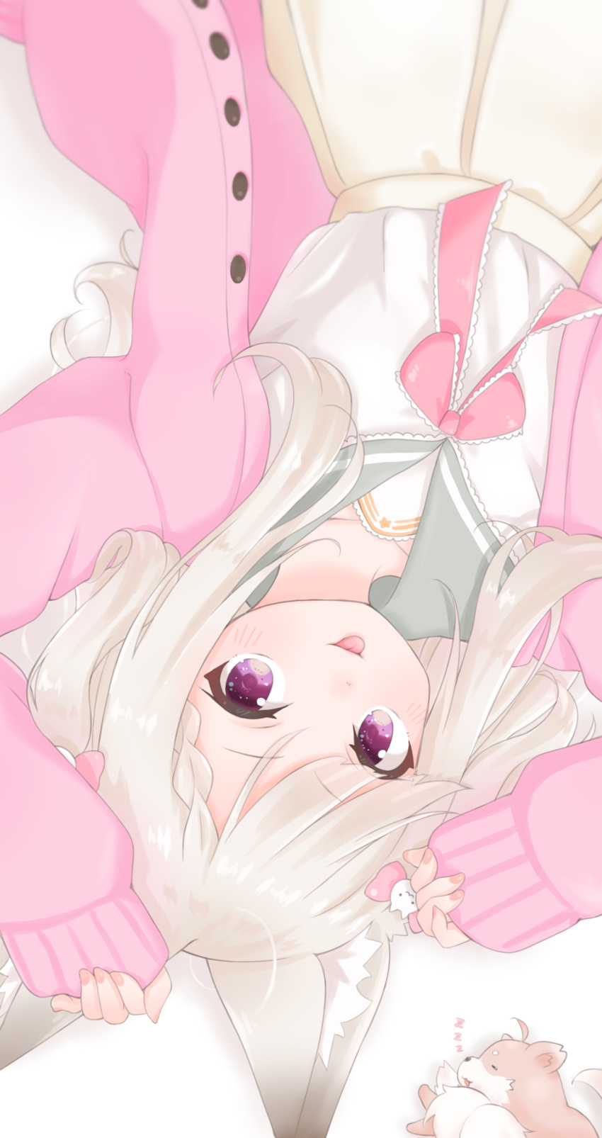 1girl :p animal_ears animare cardigan fox_ears highres long_hair long_sleeves looking_at_viewer lying on_back open_cardigan open_clothes pink_cardigan shirochimaki shiromiya_mimi shirt silver_hair skirt sleeves_past_wrists tongue tongue_out v-shaped_eyebrows violet_eyes virtual_youtuber