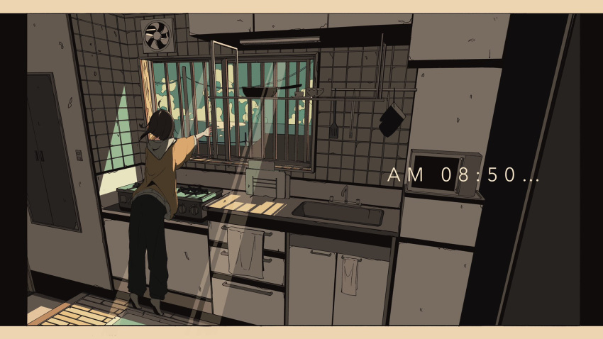 1girl brown_hair clouds highres hood hoodie indoors jacket kitchen leaning_forward ligne_claire long_hair long_sleeves microwave mono_(2_onom) original outstretched_arms pants sink sky socks solo standing stove sunlight tiptoes white_legwear window yellow_hoodie yellow_jacket