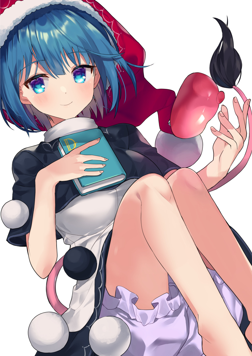 1girl absurdres bangs bare_arms black_capelet black_dress blob bloomers blue_eyes blue_hair blush book bookmark breasts capelet closed_mouth commentary crescent_moon doremy_sweet dream_soul dress eyebrows_visible_through_hair eyelashes fingernails from_side hat highres holding holding_book looking_at_viewer medium_breasts moon multicolored_clothes multicolored_dress night night_sky nightcap pom_pom_(clothes) red_headwear revision sakaki_(utigi) shiny shiny_hair short_hair simple_background sky smile solo star_(symbol) tail tapir_tail touhou underwear white_background white_dress