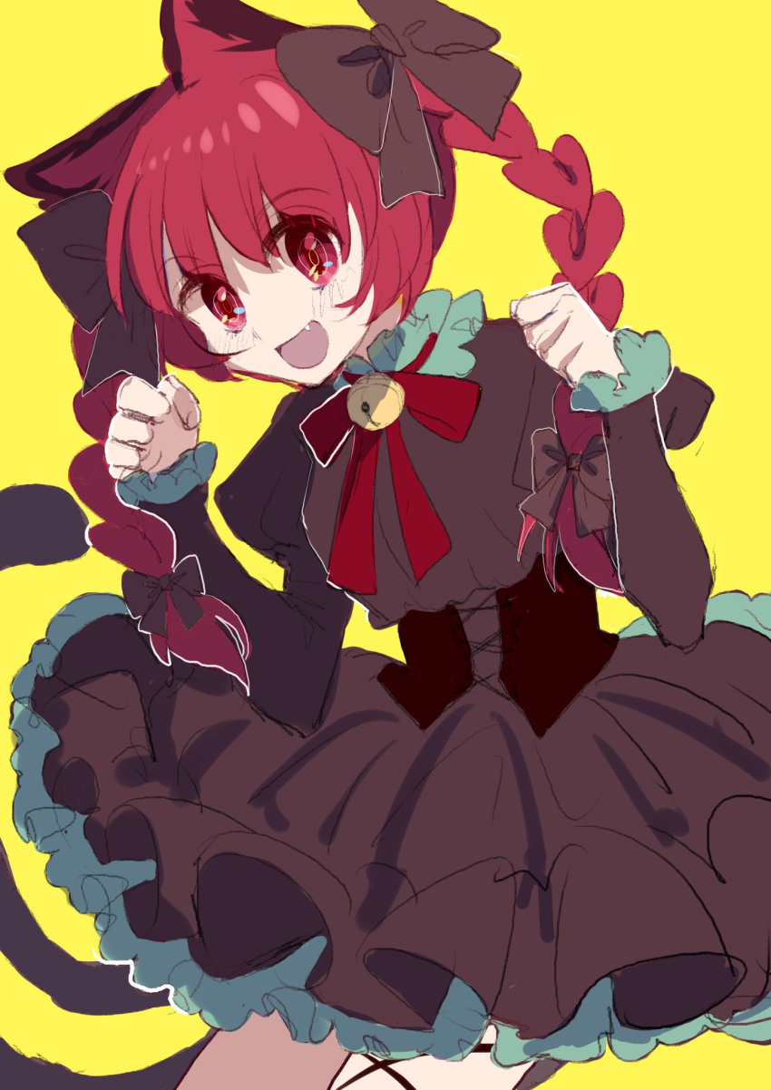 1girl :d adapted_costume animal_ears bangs bell bow bowtie braid brown_bow cat_ears cat_tail corset cowboy_shot dress eyebrows_visible_through_hair fang frills grey_dress hair_bow hair_ribbon highres jingle_bell juliet_sleeves kaenbyou_rin long_sleeves looking_at_viewer multiple_tails nekomata one-hour_drawing_challenge paw_pose petticoat puffy_sleeves red_bow red_bowtie red_eyes redhead ribbon shocho_(shaojiujiu) simple_background smile solo tail touhou tress_ribbon twin_braids twintails two_tails yellow_background