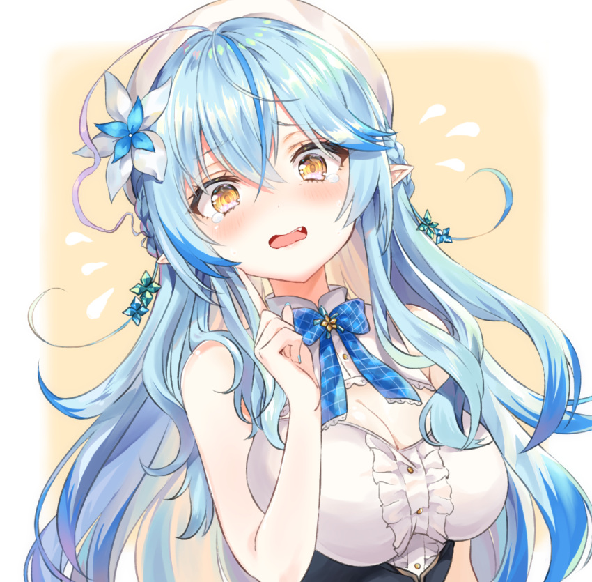 1girl ahoge bangs blue_hair blush braid breasts elf embarrassed eyebrows_visible_through_hair flower hair_between_eyes hair_flower hair_ornament hat hololive houshou_marine_(artist) long_hair looking_at_viewer open_mouth pointy_ears solo virtual_youtuber yellow_eyes yukihana_lamy