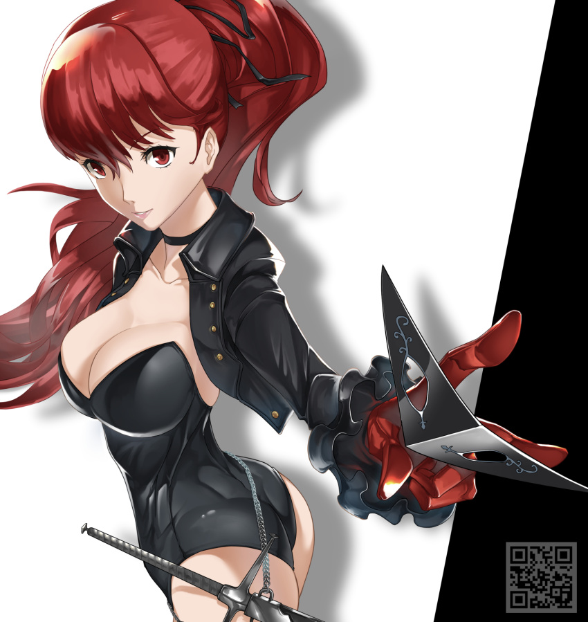 1girl ass bangs bare_shoulders black_leotard black_mask breasts choker cropped_jacket gloves highres holding holding_mask indy_k jacket large_breasts leotard looking_at_viewer mask mask_removed open_clothes open_jacket persona persona_5 persona_5_the_royal ponytail qr_code red_eyes red_gloves redhead solo strapless strapless_leotard sword two-tone_background weapon yoshizawa_kasumi