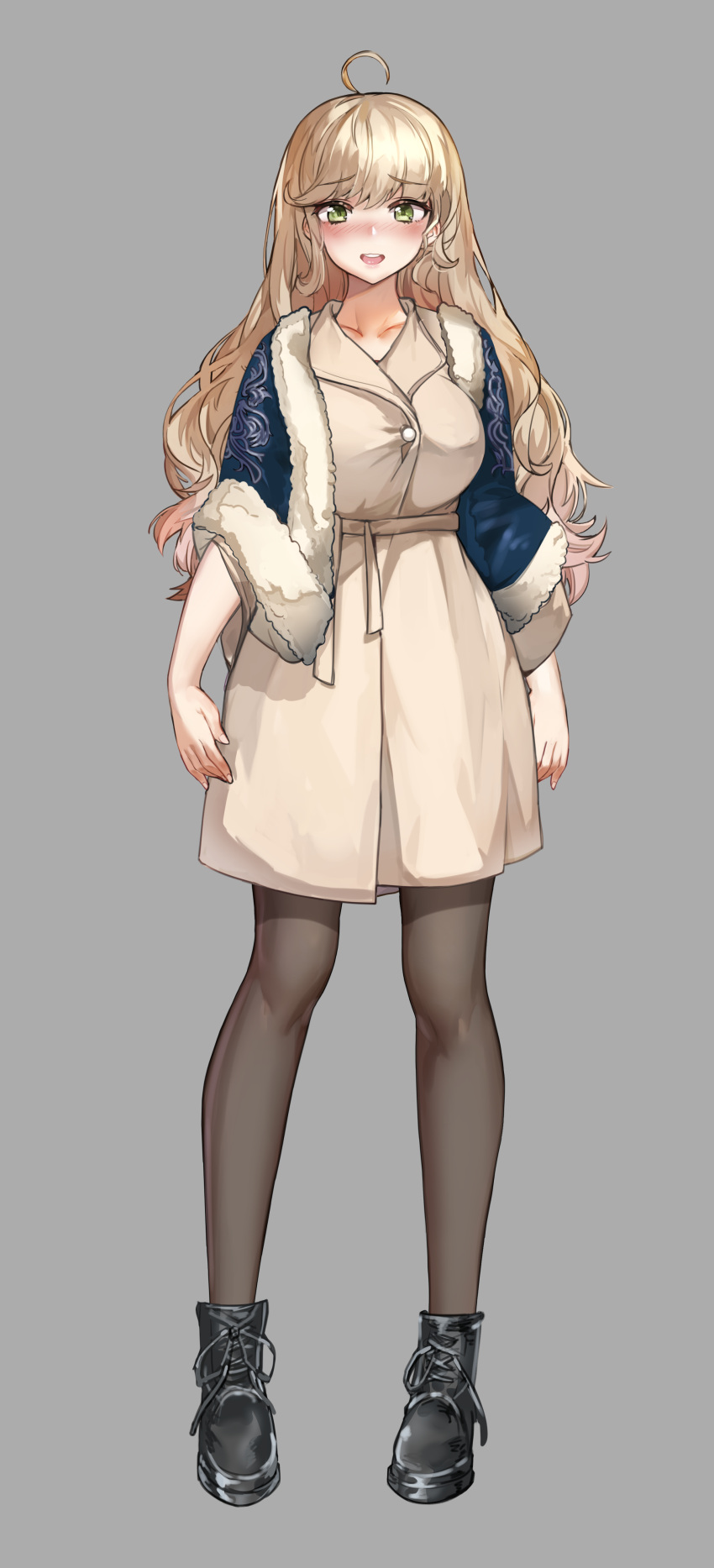 1girl absurdres ahoge black_footwear black_legwear blonde_hair blush boots breasts brown_coat coat collarbone full_body green_eyes grey_background highres large_breasts long_hair missouri_(warship_girls_r) nose_blush pantyhose phy simple_background solo standing warship_girls_r