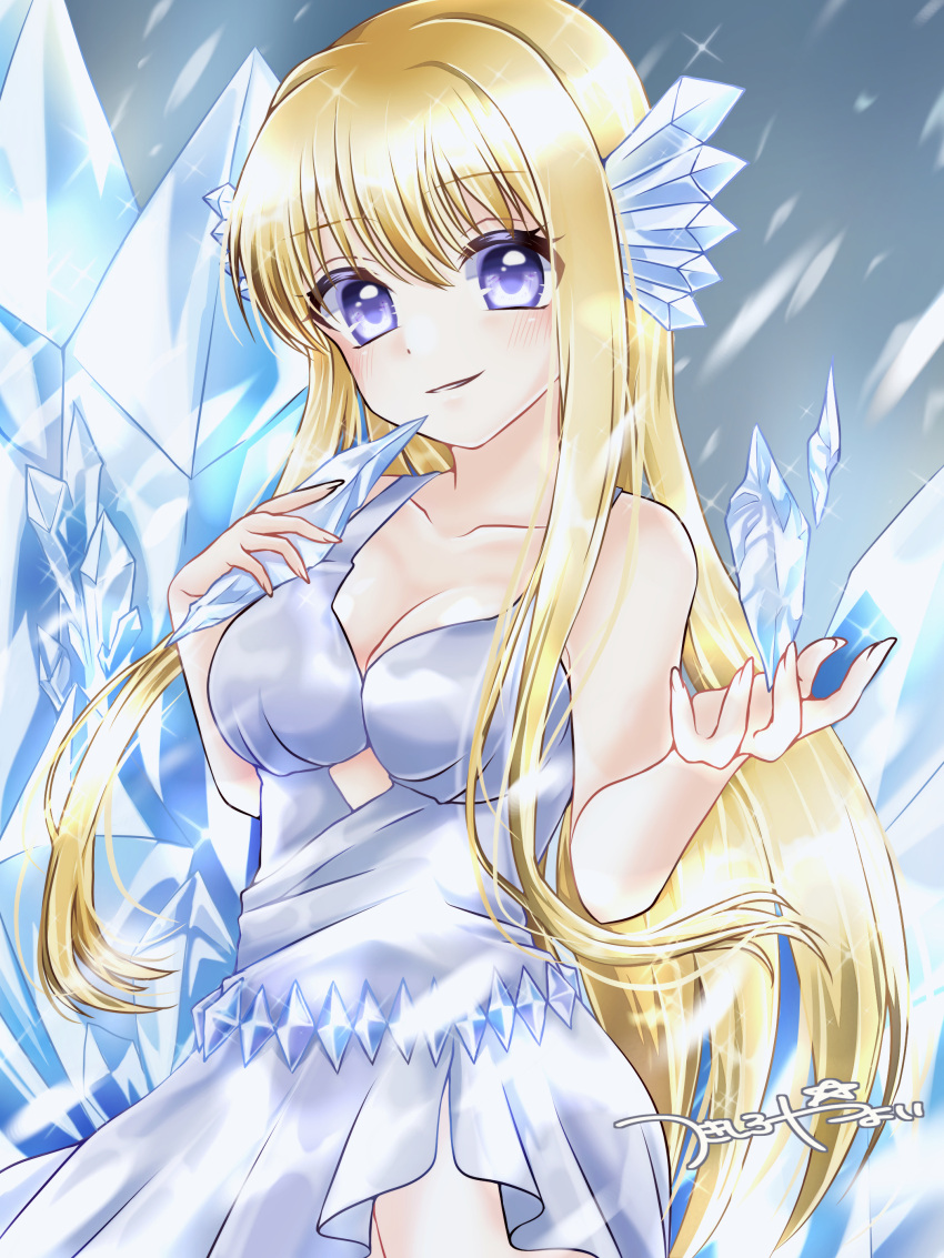 1girl absurdres bare_shoulders blizzard blonde_hair breasts dress highres ice large_breasts looking_at_viewer mermaid_melody_pichi_pichi_pitch smile tsukishiro_yayoi_(yumeir0) white_dress