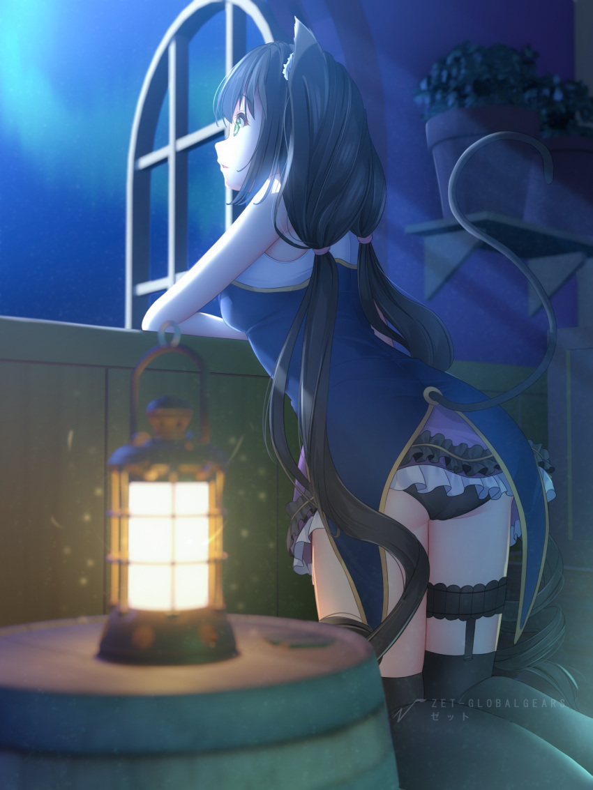 1girl absurdres animal_ears bare_arms black_hair black_legwear black_panties blurry blurry_foreground cat_ears cat_girl cat_tail garter_straps highres karyl_(princess_connect!) kneeling leaning_forward long_hair low_twintails miniskirt moonlight panties pantyshot princess_connect! purple_skirt skirt sleeveless solo tail thigh-highs twintails underwear very_long_hair watermark zet_(globalgears)