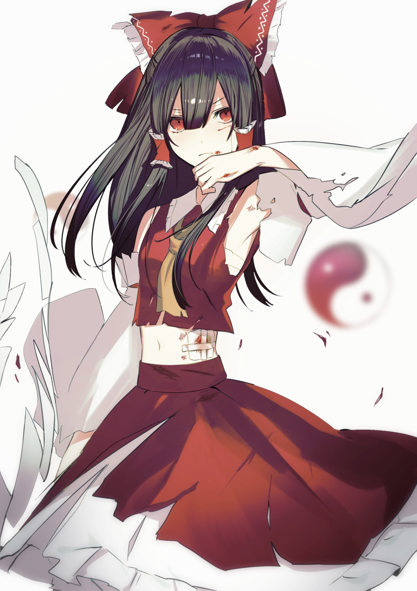 1girl absurdres arm_up armpits ascot bandages bandaid bangs bare_shoulders black_hair blood blood_on_face blood_on_hands bow breasts closed_mouth collared_shirt commentary_request detached_sleeves eyebrows_visible_through_hair frills hair_between_eyes hair_ornament hair_tubes hakurei_reimu hand_up highres ikasoba long_hair long_sleeves looking_to_the_side medium_breasts navel orb red_bow red_eyes red_shirt red_skirt shirt simple_background skirt solo standing touhou white_background white_skirt wide_sleeves yellow_ascot yin_yang yin_yang_orb