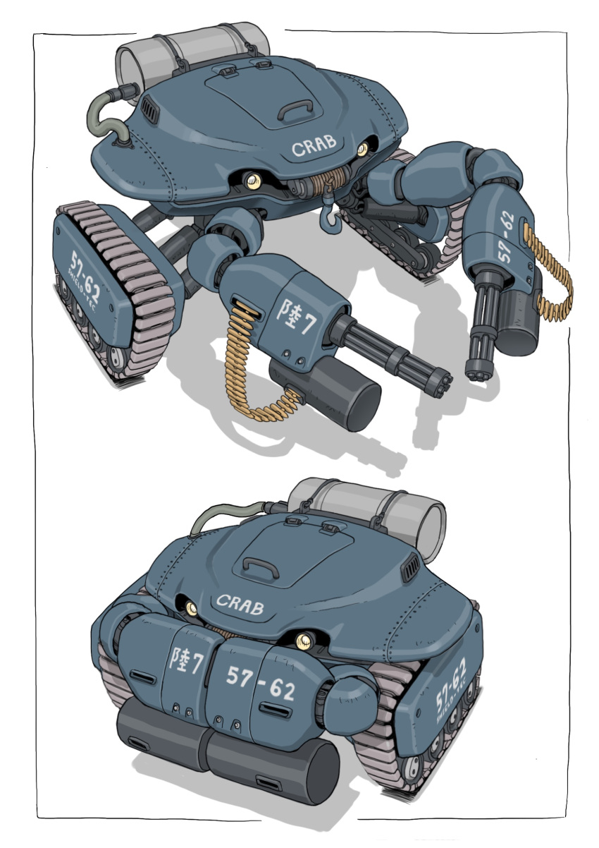 absurdres border cable caterpillar_tracks commentary_request crab from_above from_side gatling_gun gatling_santouhei ground_vehicle headlight highres hook machine mecha minigun no_humans original pipe robot simple_background weapon white_background