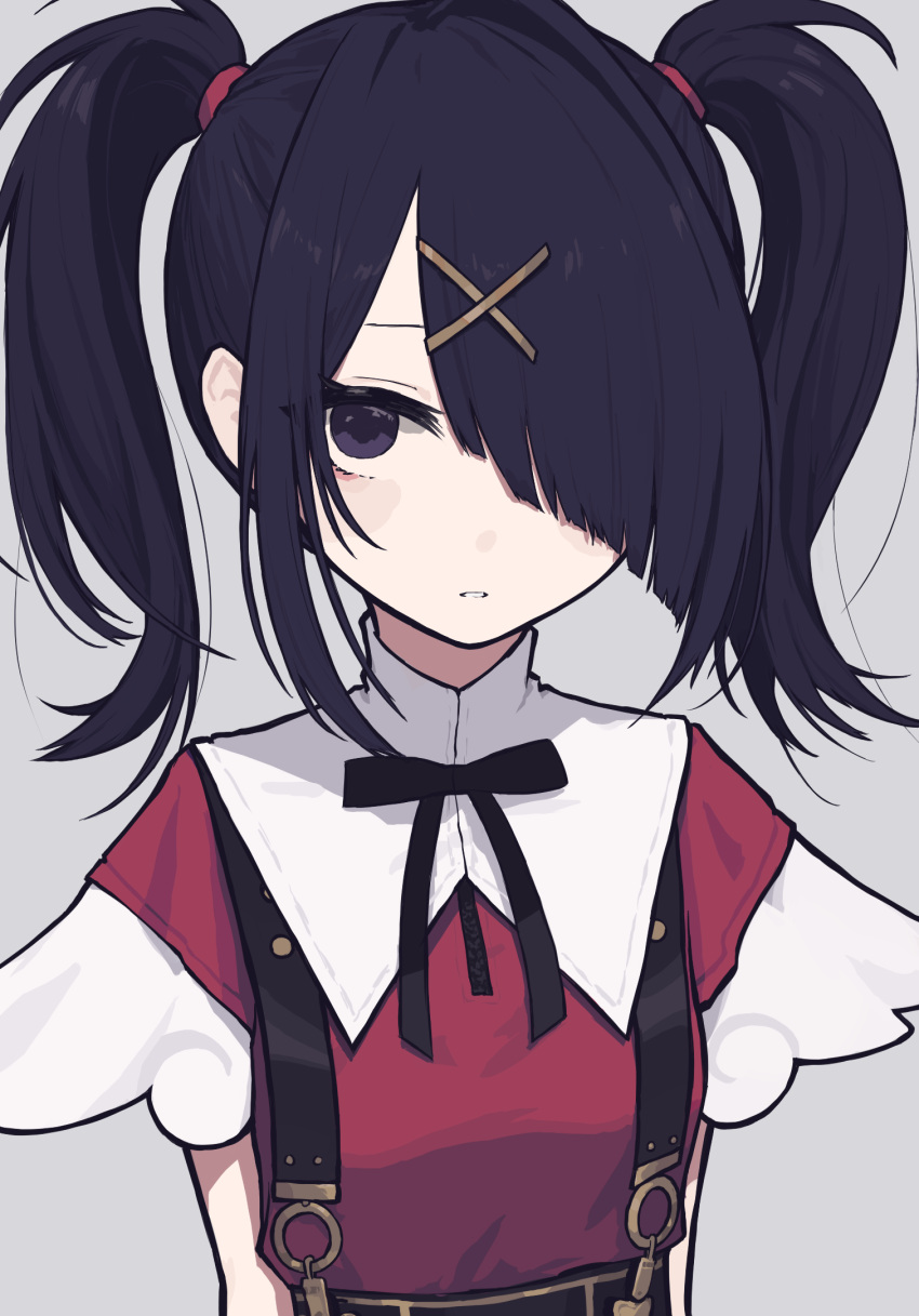 1girl ame-chan_(needy_girl_overdose) black_eyes black_hair black_ribbon blush_stickers collar hair_ornament hair_over_one_eye highres looking_at_viewer medium_hair neck_ribbon needy_girl_overdose papaia_(quentingqoo) parted_lips ribbon simple_background solo suspenders twintails upper_body white_collar x_hair_ornament