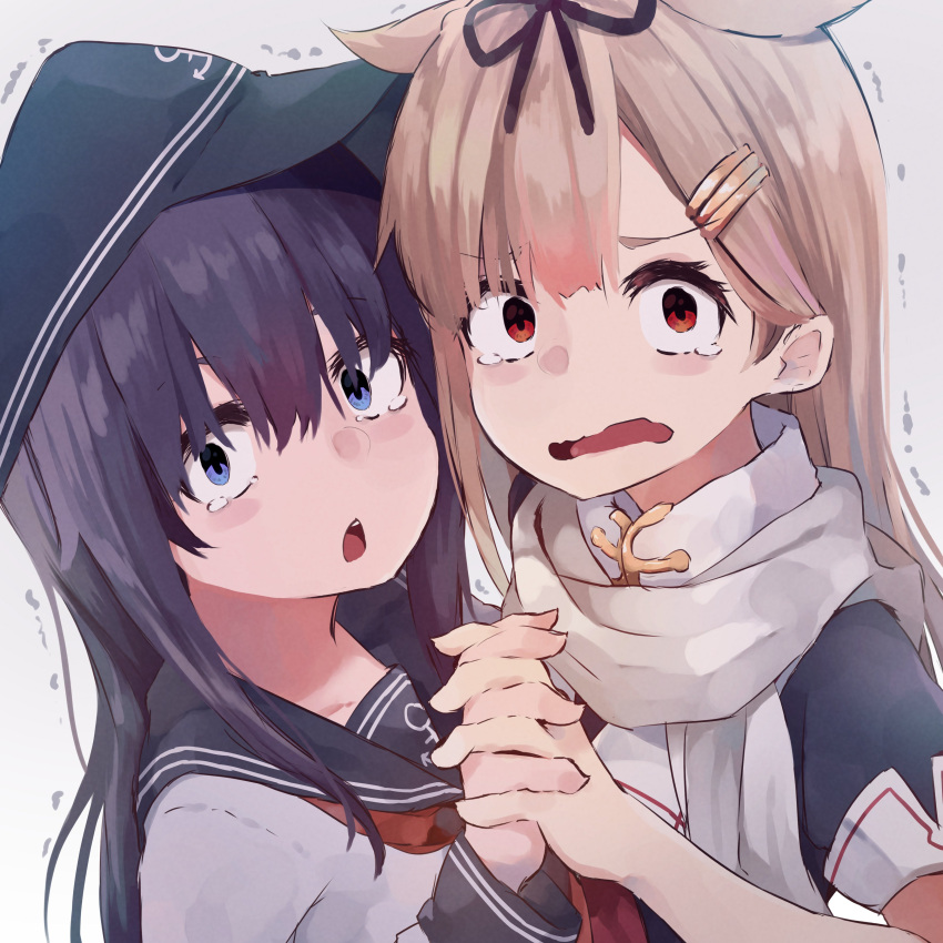 2girls absurdres akatsuki_(kancolle) anchor_symbol black_hair black_ribbon black_sailor_collar black_serafuku blonde_hair blue_eyes commentary_request flat_cap grey_background hair_between_eyes hair_flaps hair_ornament hair_ribbon hairclip hat highres holding_hands kantai_collection long_hair looking_at_viewer multiple_girls neckerchief open_mouth red_eyes red_neckerchief remodel_(kantai_collection) ribbon sailor_collar scarf school_uniform serafuku smile taisho_(gumiyuki) trembling upper_body wavy_mouth white_background white_scarf yuudachi_(kancolle) yuudachi_kai_ni_(kancolle)