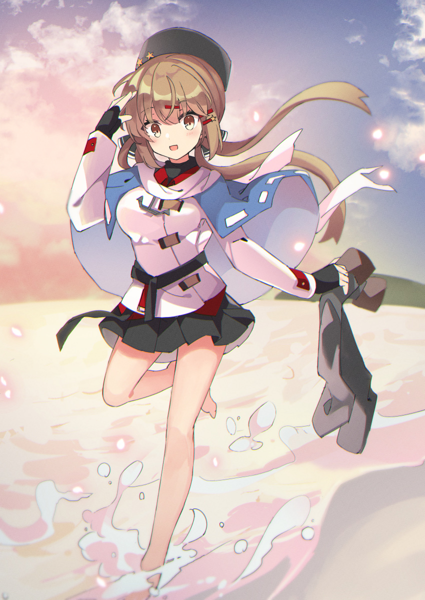 1girl absurdres anchor_necklace bare_legs beach belt black_belt black_bow black_gloves black_headwear black_skirt blue_shawl bow breasts brown_eyes brown_hair clouds cloudy_sky day fathom fingerless_gloves gloves gradient_sky hair_bow hammer_and_sickle highres jacket kantai_collection long_hair low_twintails medium_breasts ocean orange_sky outdoors pantyhose pantyhose_removed papakha red_shirt ribbon_trim russian_clothes sand scarf shawl shirt skirt sky solo sunset tashkent_(kancolle) torn_scarf twintails untucked_shirt water white_jacket white_scarf