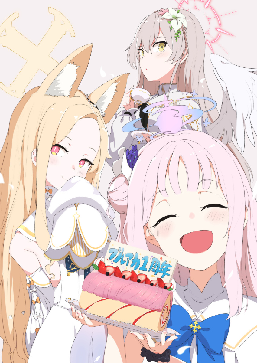 3girls :d absurdres angel_wings animal_ear_fluff animal_ears bangs black_neckerchief blonde_hair blue_archive blue_bow blush bow cake closed_eyes closed_mouth cup dessert detached_sleeves dress feathered_wings flower food fox_ears fruit hair_bun hair_flower hair_ornament halo hand_on_own_face highres holding holding_cup holding_plate light_brown_hair long_hair looking_at_viewer mika_(blue_archive) multiple_girls nagisa_(blue_archive) neckerchief orange_bow parted_bangs parted_lips plate pre_sktch red_eyes seia_(blue_archive) simple_background sleeve_bow sleeveless sleeveless_dress sleeves_past_fingers sleeves_past_wrists smile strawberry swiss_roll teacup upper_body very_long_hair white_bow white_dress white_wings wings yellow_eyes
