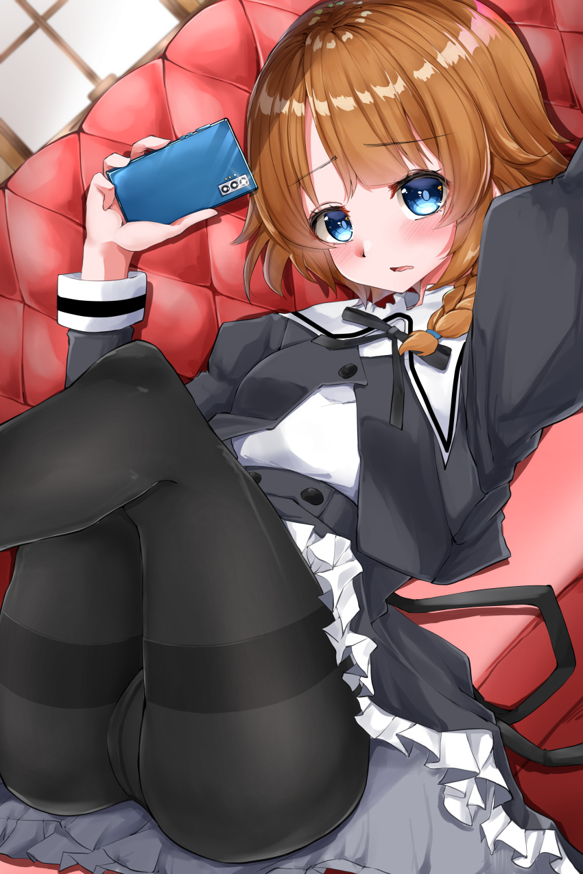 1girl absurdres arm_up assault_lily bangs black_legwear black_ribbon black_skirt blue_eyes blurry blurry_background blush braid braided_ponytail brown_hair buttons cellphone clothes_lift couch cropped_jacket crotch_seam dutch_angle eyebrows_visible_through_hair frilled_skirt frills futagawa_fumi glint hair_over_shoulder hand_up high-waist_skirt highres holding holding_phone indoors juliet_sleeves legs_up long_hair long_sleeves looking_at_viewer lying neck_ribbon on_back on_couch panties panties_under_pantyhose pantyhose parted_lips phone puffy_sleeves ribbon school_uniform shiny shiny_hair skirt skirt_lift smartphone solo thighband_pantyhose underwear upskirt wavy_mouth ya-man yurigaoka_girls_academy_school_uniform