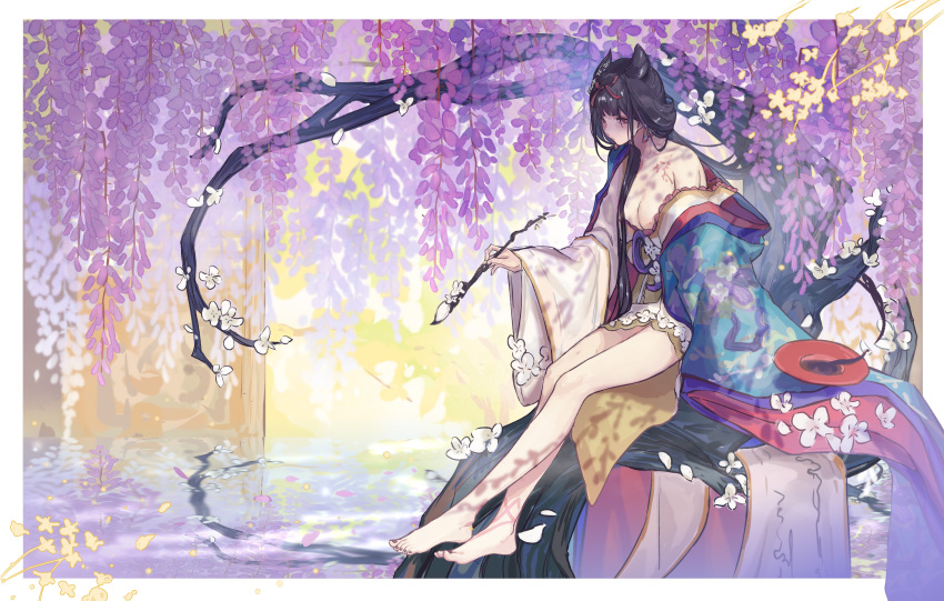 1girl absurdres bangs bare_legs bare_shoulders barefoot black_hair bodypaint breasts dappled_sunlight day double_bun flower hair_cones hair_ornament highres holding holding_paintbrush ink japanese_clothes kachou_fuugetsu_(onmyoji) kimono lake long_hair looking_down magic medium_breasts multiple_girls nail_polish nature obi off_shoulder onmyoji outdoors outside_border outstretched_hand paintbrush purple_nails ribbon sash scroll sitting sleeves_past_fingers sleeves_past_wrists solo sunlight toenail_polish toenails tree under_tree very_long_hair violet_eyes water waterfall white_flower white_footwear wide_sleeves wisteria zranin