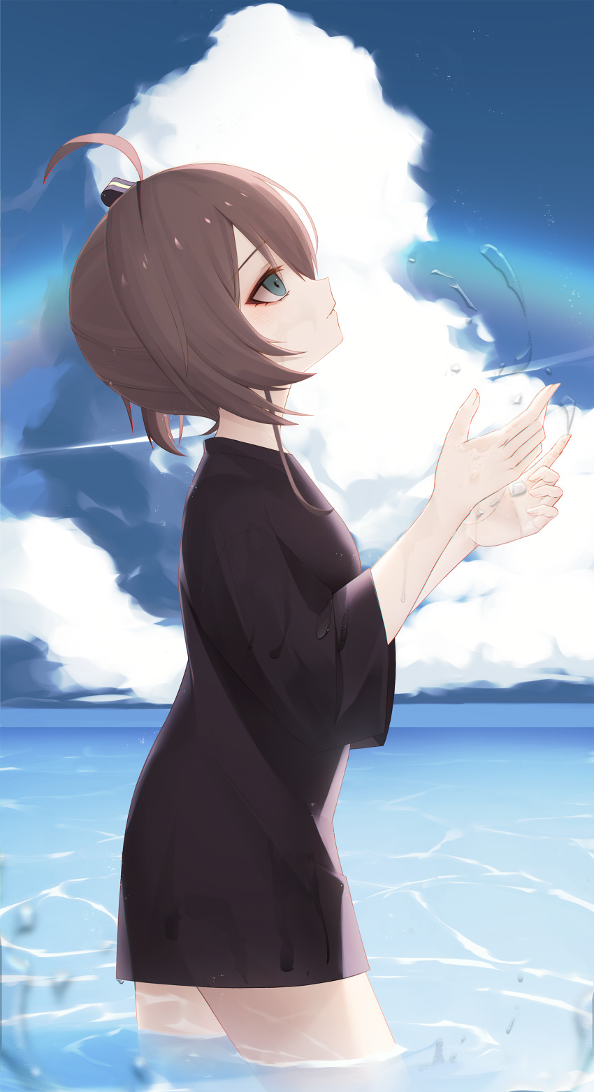 1girl absurdres ahoge bangs blue_eyes blush brown_dress brown_hair clouds cloudy_sky commentary_request cowboy_shot day dress from_side hair_ribbon hands_up highres hololive long_hair looking_away looking_up natsuiro_matsuri parted_lips profile ribbon short_hair sky solo standing thomas_8000 virtual_youtuber wading water