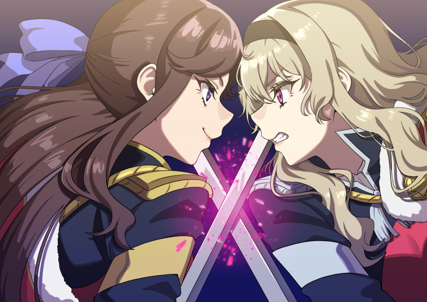 2girls absurdres bangs black_hairband black_jacket blonde_hair blue_background bow brown_hair clash clenched_teeth closed_mouth commentary crossed_swords dia_(yvirus68) duel epaulettes eye_contact eyebrows_visible_through_hair face-to-face from_side fur-trimmed_jacket fur_trim gradient gradient_background grey_background hair_between_eyes hair_bow hairband half_updo high_collar highres jacket jacket_on_shoulders long_hair looking_at_another multiple_girls pink_eyes profile purple_bow red_jacket red_sash saijou_claudine sash shoujo_kageki_revue_starlight sidelocks smile sword symbol-only_commentary tassel teeth tendou_maya upper_body v-shaped_eyebrows violet_eyes wavy_hair weapon