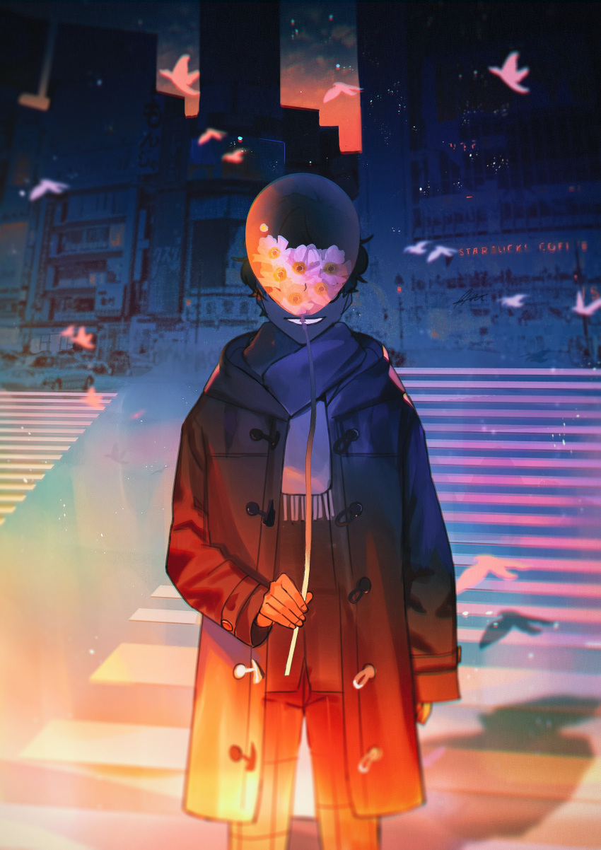 1boy absurdres amamiya_ren balloon bird btmr_game car city coat flower ground_vehicle highres holding holding_balloon long_sleeves male_focus motor_vehicle open_clothes open_coat outdoors pants persona persona_5 road scarf shadow sky smile solo standing street