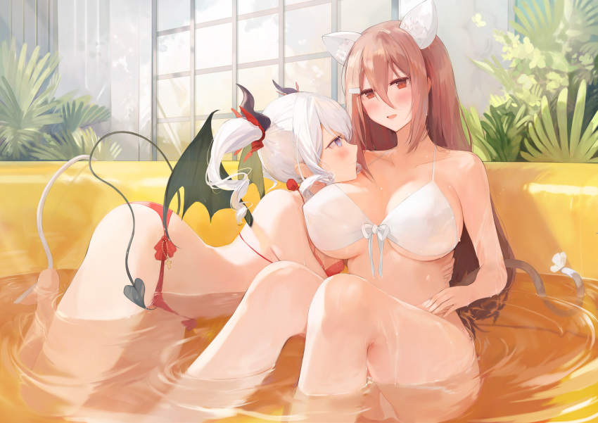 2girls absurdres animal_ear_fluff animal_ears bikini breasts commentary commission demon_girl demon_horns demon_tail demon_wings english_commentary highres horns large_breasts muike multiple_girls niliu_chahui original red_bikini second-party_source swimsuit tail white_bikini wings
