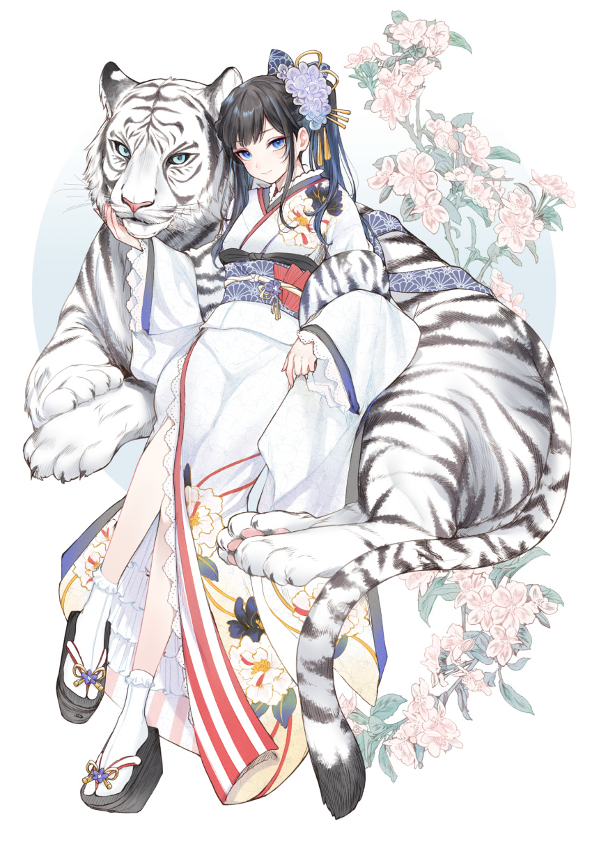 1girl bangs blue_eyes blush byakko carrot_(robosquat) chinese_zodiac eyebrows_visible_through_hair flower frilled_footwear gradient_hair hair_flower hair_ornament highres looking_at_viewer multicolored_hair original simple_background solo tiger white_background year_of_the_tiger
