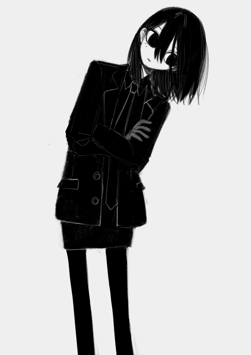 1girl bangs closed_mouth crossed_arms gloves greyscale hair_between_eyes highres jacket long_sleeves medium_hair mole mole_under_eye monochrome narue necktie original pantyhose shirt simple_background skirt solo symbol-only_commentary