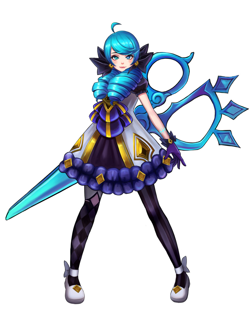 1girl absurdres ahoge bangs black_bow blue_eyes blue_hair blush bow breasts collarbone commentary dress drill_hair full_body gloves green_hair grey_dress grey_footwear gwen_(league_of_legends) hair_bow highres holding holding_scissors league_of_legends long_hair looking_at_viewer noachi_(noati23) oversized_object puffy_short_sleeves puffy_sleeves purple_gloves scissors shoes short_sleeves simple_background smile solo twin_drills twintails white_background