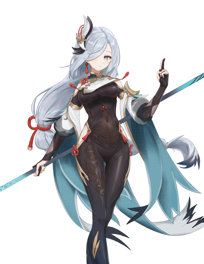 1girl absurdres bare_hips black_bodysuit blue_eyes bodysuit breasts closed_mouth covered_navel floating_hair genshin_impact hair_over_one_eye highres holding holding_weapon long_hair looking_at_viewer medium_breasts oh_kyoung_hwan shenhe_(genshin_impact) shiny shiny_hair silver_hair simple_background solo standing thighg_ap very_long_hair weapon white_background