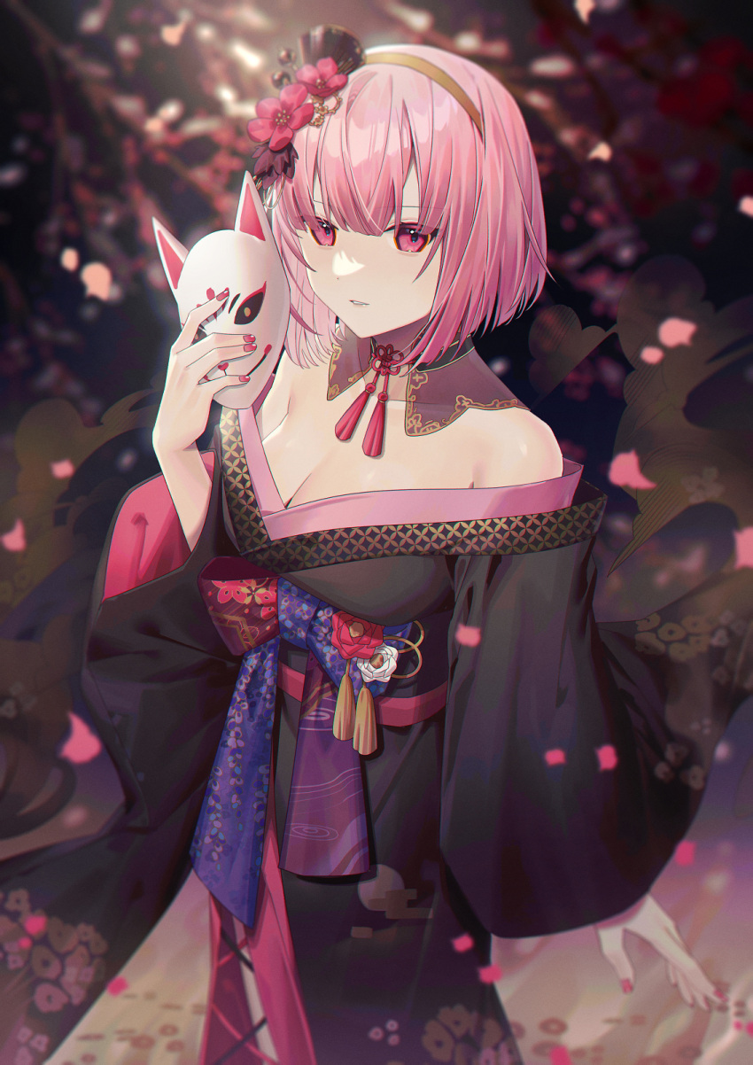 1girl animal_ears bangs bare_shoulders black_kimono breasts detached_collar eyebrows_visible_through_hair flower fox_ears hair_flower hair_ornament hairband hand_up highres holding holding_mask hololive hololive_english japanese_clothes kimono long_sleeves looking_at_viewer mask medium_breasts mori_calliope nail_polish obi parted_lips petals pink_eyes pink_hair red_flower red_nails sash short_hair solo standing virtual_youtuber wenz