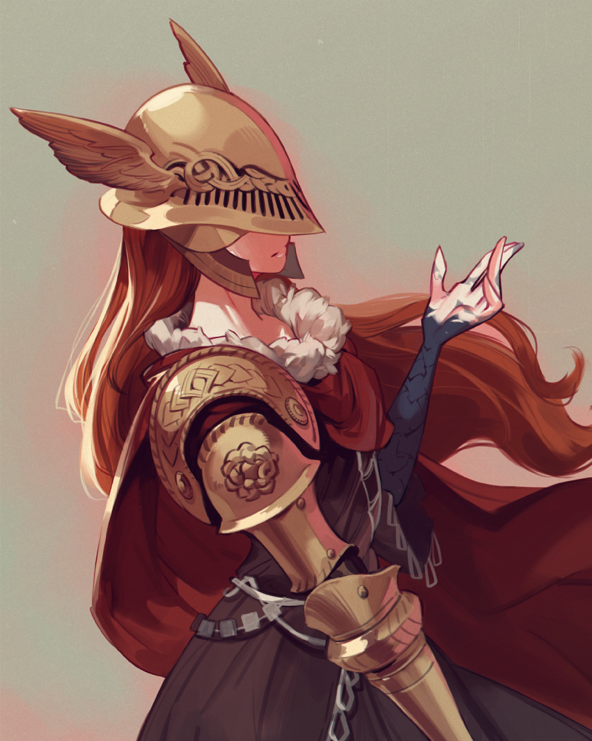 1girl armor brown_background brown_hair chain colored_skin covered_eyes cowboy_shot elden_ring feet_out_of_frame hand_up helmet helmet_over_eyes highres jiro_(ninetysix) long_hair malenia purple_skin red_robe redhead shoulder_armor simple_background winged_helmet