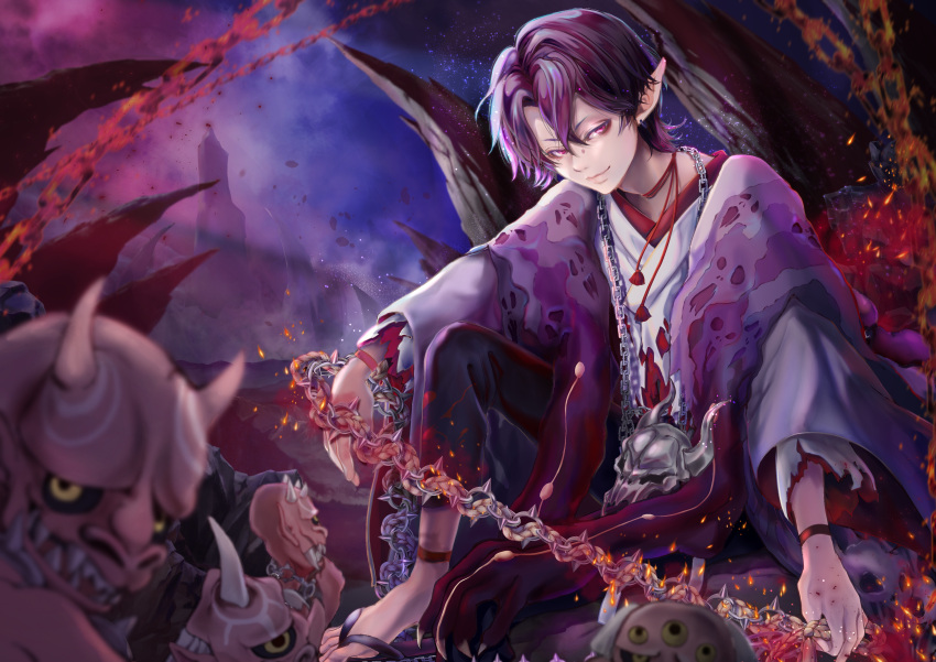 1boy absurdres blurry blurry_foreground chain chibimameya earrings highres holding holding_weapon jewelry kidomaru_(onmyoji) light_smile male_focus mask oni_mask onmyoji outdoors pink_eyes pointy_ears rope weapon wristband