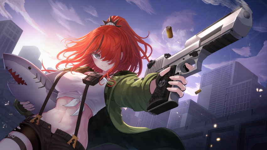 1girl bandeau bangs black_hair black_shorts breasts clouds commentary_request cowboy_shot green_jacket gun hair_over_one_eye handgun highres holding holding_gun holding_stuffed_toy holding_weapon jacket lain_paterson large_breasts long_hair long_sleeves looking_at_viewer multicolored_hair nijisanji open_clothes open_jacket outdoors pistol ponytail pouch redhead short_shorts shorts shumeia smile solo standing strapless streaked_hair stuffed_animal stuffed_shark stuffed_toy suspenders thigh_strap tube_top violet_eyes weapon